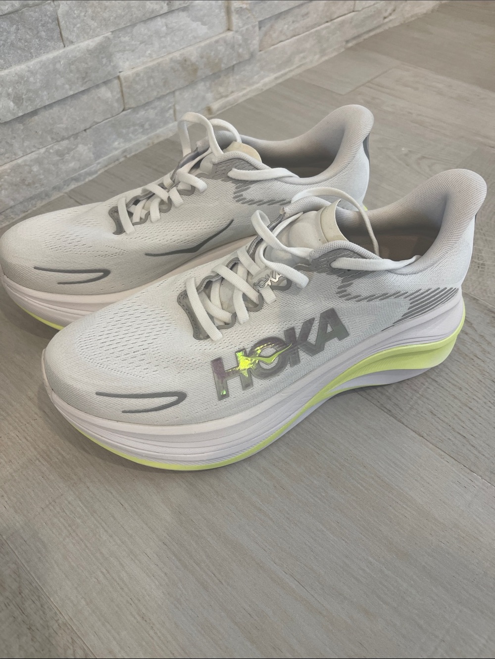 Hoka Kids White and Neon Yellow Athletic Sneakers NEW
